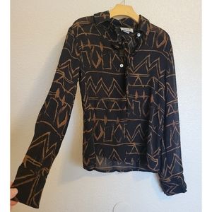 VNT womens sheer imagio small sheer button-up blouse tan and black color